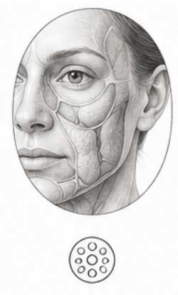 Educational diagram of a woman's face showing underlying facial muscles and tissue layers inside an oval, with a round dotted device below.