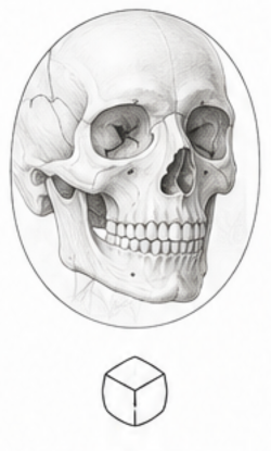 Line drawing of a human skull inside an oval, with a three-dimensional outlined cube beneath it.