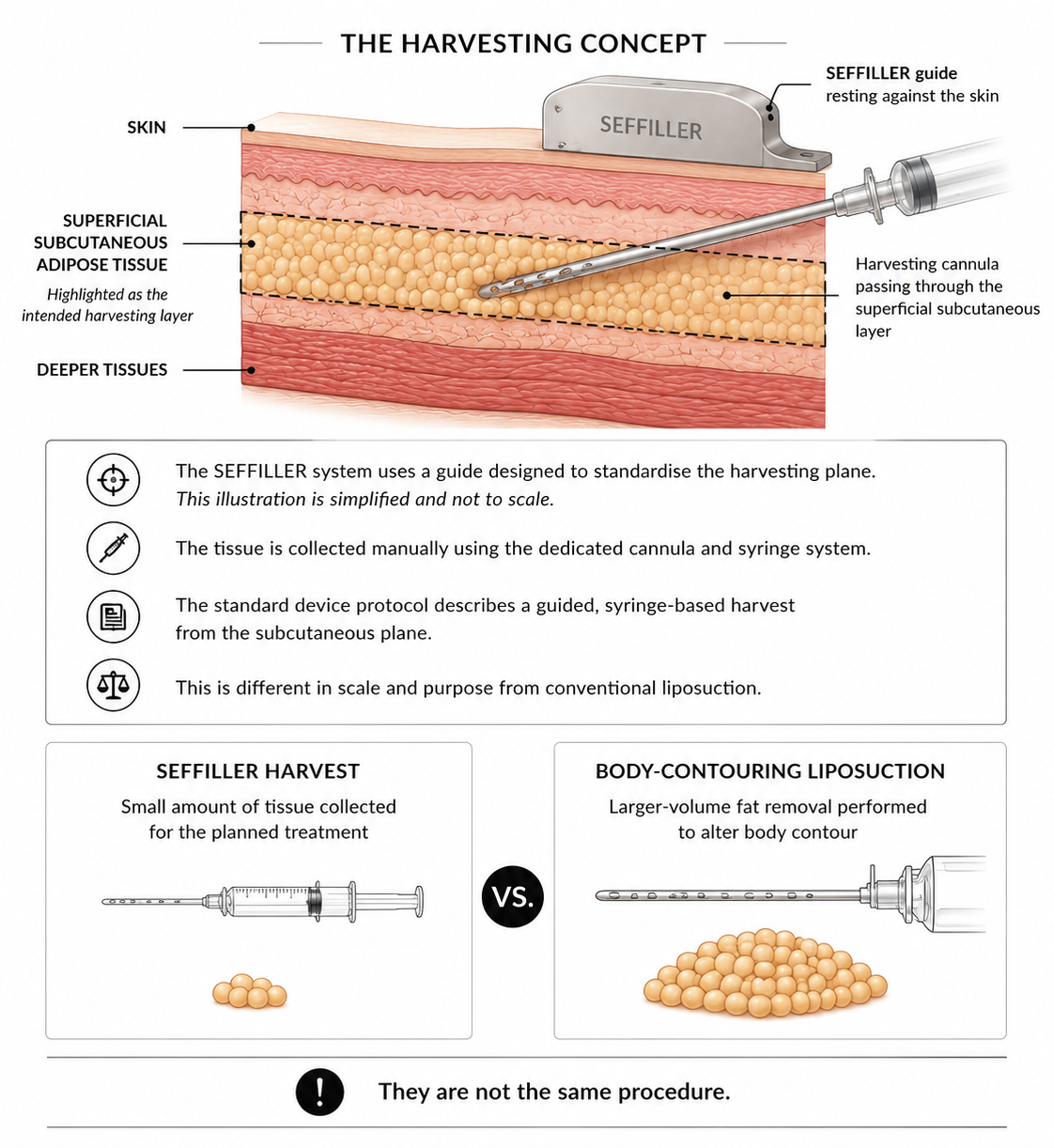 Cross-section of skin showing a harvesting tool labeled SEFFILLER removing a small amount of superficial adipose tissue from the subcutaneous layer in an infographic style.