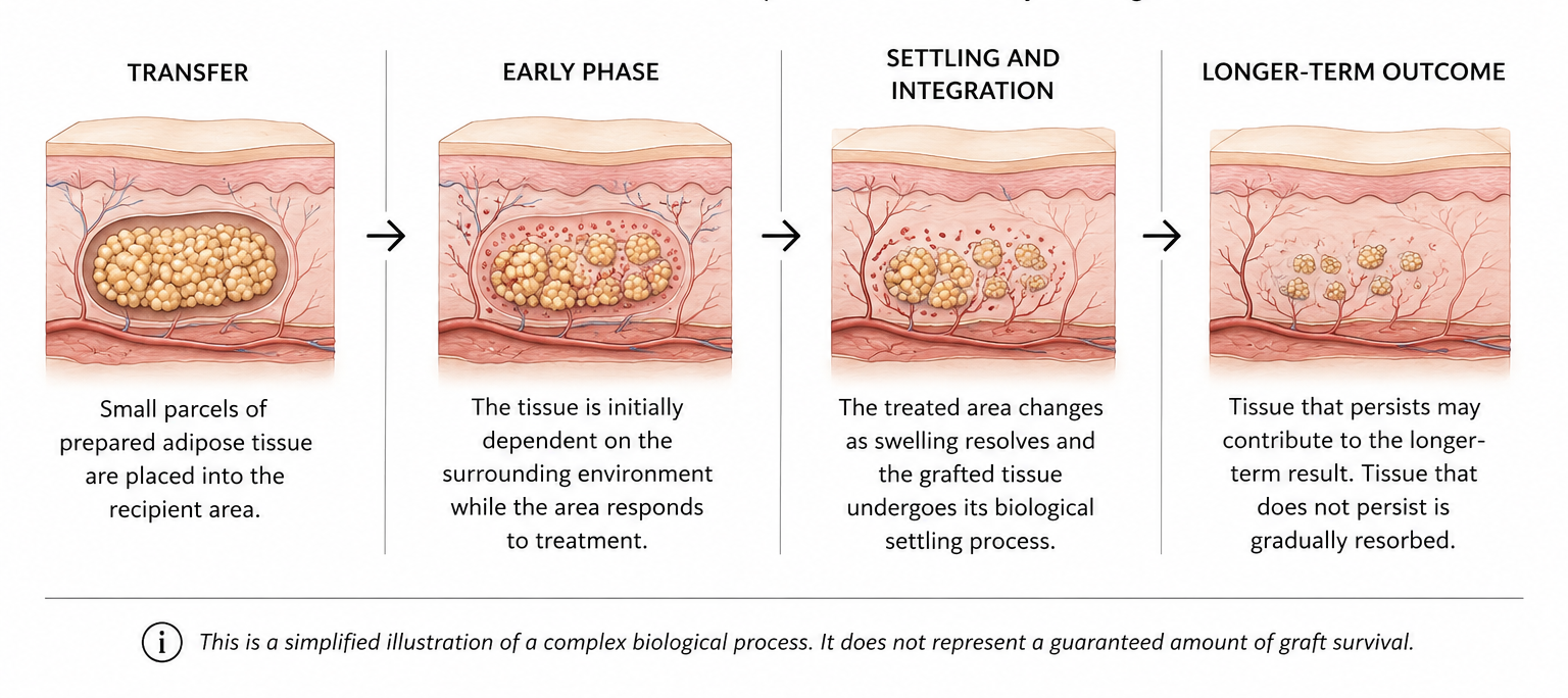 Diagram of adipose tissue transfer in four stages: transfer, early phase, settling and integration, and long-term outcome with cross-sectional skin views and fat clusters.