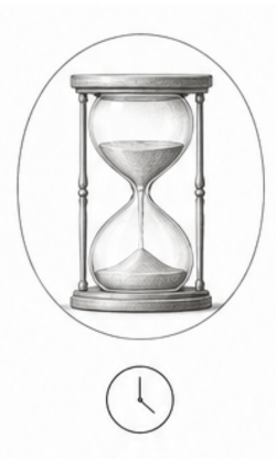 Hourglass inside an oval frame with a small clock icon beneath, symbolizing time.