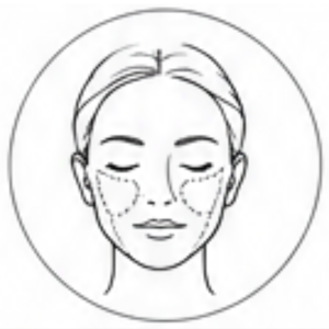 Line drawing of a woman's face inside a circle, with dotted lines under the eyes indicating treatment areas.