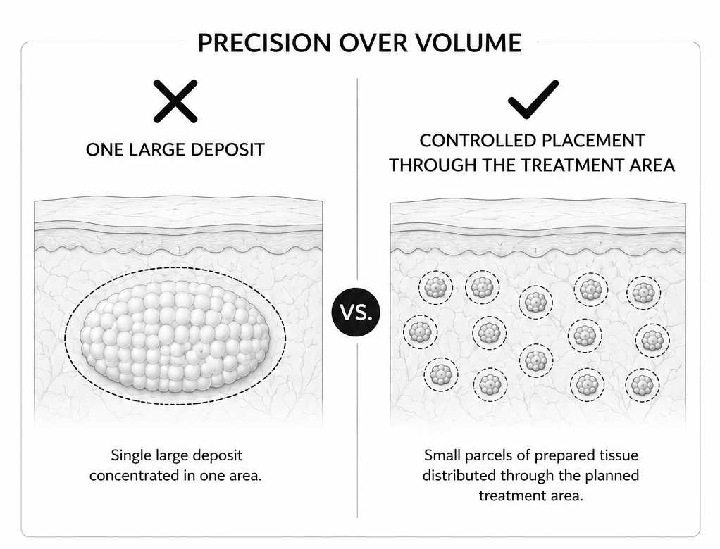 Illustration comparing a single large tissue deposit to many small, precisely placed parcels for targeted treatment.