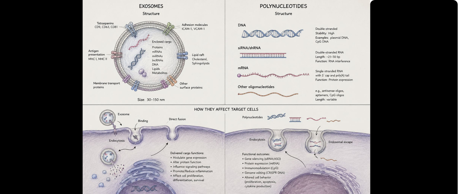 Diagram of exosome structure and nucleic acid content showing membrane, proteins, lipids, and internal cargo; panels labeled Exosomes and Polynucleotides explain structure and function.
