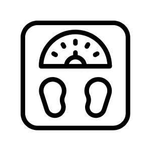 Icon of a bathroom scale with a round dial and two footprint outlines inside a rounded square base.