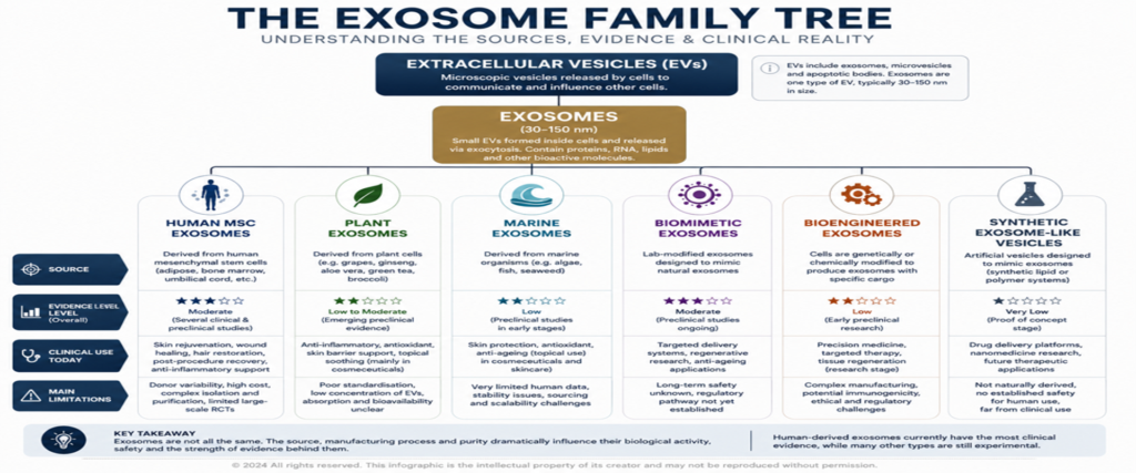 Infographic titled The Exosome Family Tree showing EVs and six exosome types (human MSC, plant, marine, biomimetic, bioengineered, synthetic) with notes on origin, use, and evidence levels.