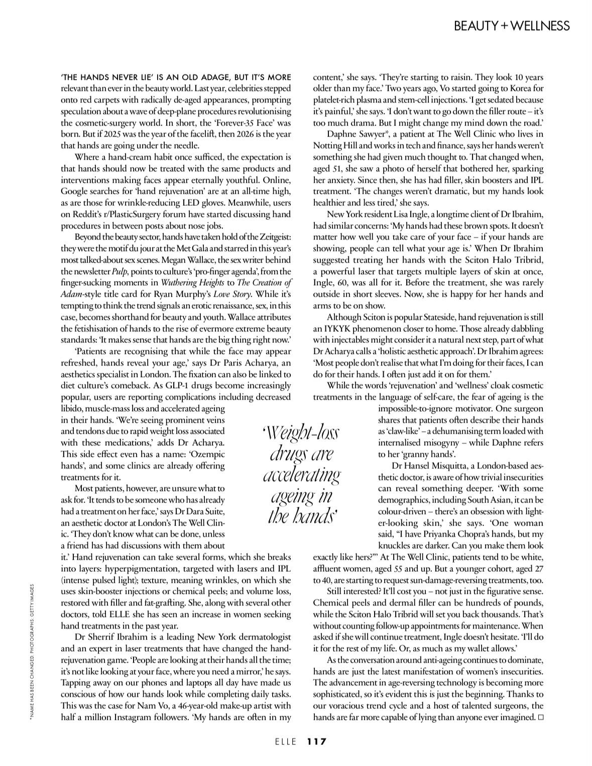 Two-column magazine article page (Beauty + Wellness) with dense text and a centered decorative quote: “Weight-loss drugs are accelerating ageing in the hands.”