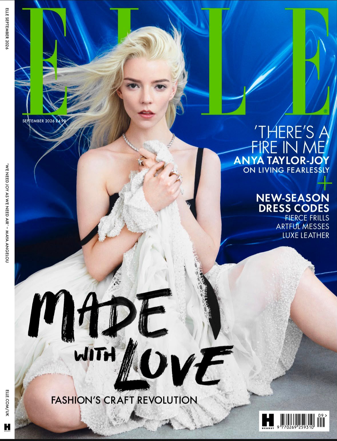 Elle magazine cover featuring a blonde woman in a white dress against a blue background; large green ELLE logo at top and cover lines including 'MADE WITH LOVE' and 'FASHION'S CRAFT REVOLUTION'.