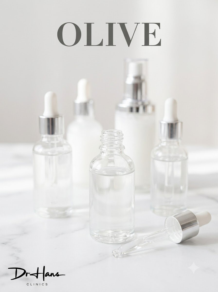 Set of clear glass skincare bottles with droppers on a white marble surface; 'OLIVE' appears at the top and the Dr Hans Clinics logo is bottom-left.