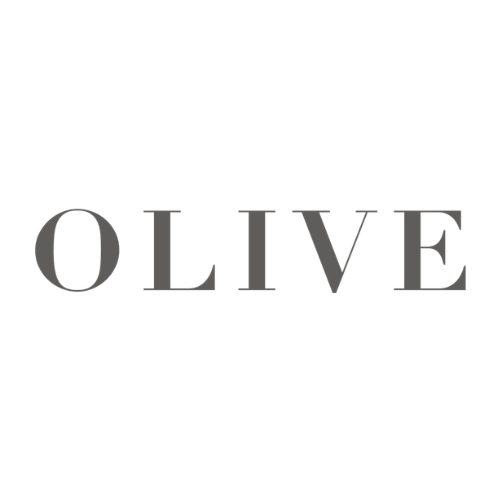 Brand logo with the word OLIVE in gray serif letters on a white background, centered on the page.