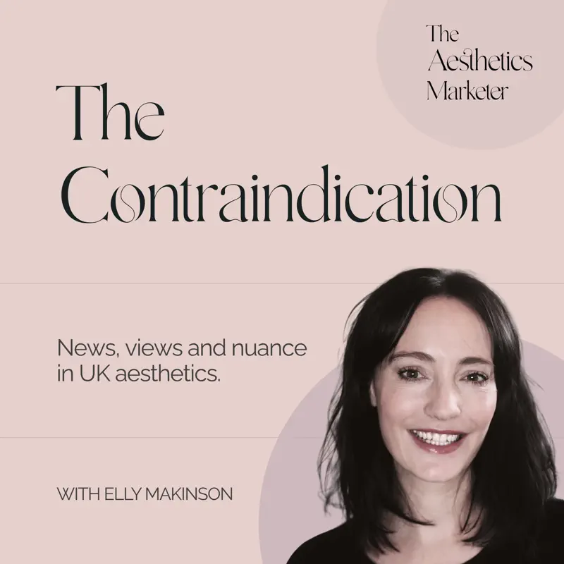 Events1-DrHans - Dr Hans Clinics - Dr Hans Clinics Podcast cover titled The Contraindication on a blush pink background featuring a smiling woman with dark hair; subtitle reads 'News, views and nuance in UK aesthetics'.