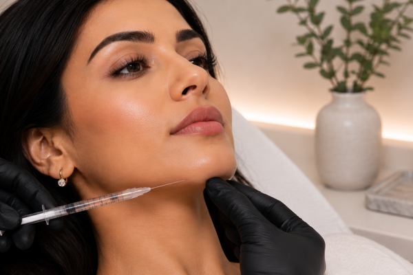 Woman lying back while a clinician in black gloves injects chin filler with a syringe. Sign reads 'Chin Dermal Filler' at a clinic.
