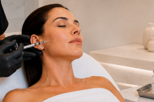 Woman reclining with eyes closed as a clinician injects her jawline with a syringe in a spa-like clinic setting, wearing black gloves and a Dr Hans Clinics uniform.