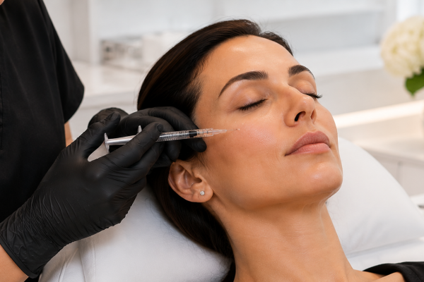 A woman lying back as a clinician injects her cheek with a syringe during a cosmetic treatment.]​,