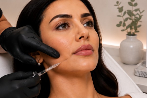Woman receiving dermal filler injection to the cheek from a clinician wearing black gloves in a clinic setting, with a 'DR HANS CLINICS' sign visible in the background.