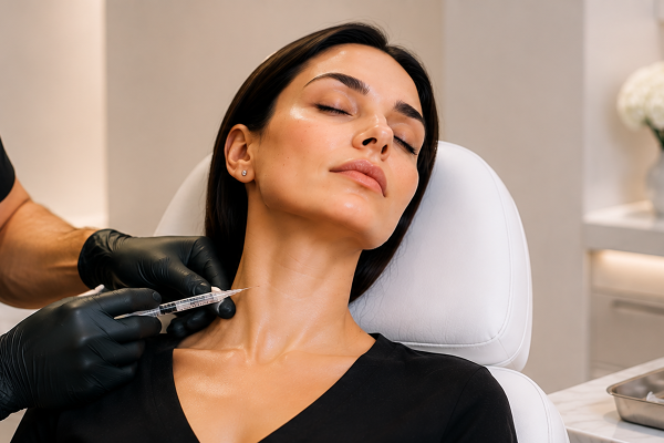 Clinician in black gloves administers a cosmetic injection to a woman's neck/chin as she rests in a white treatment chair.