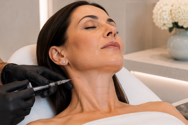 Woman lying back in a clinic chair as a clinician administers a cosmetic injection to her neck area with a syringe in view.