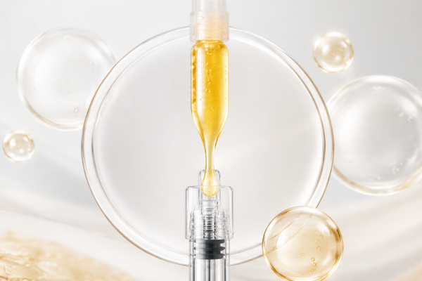 Close-up of a syringe releasing golden serum into a clear dish surrounded by bubbles.