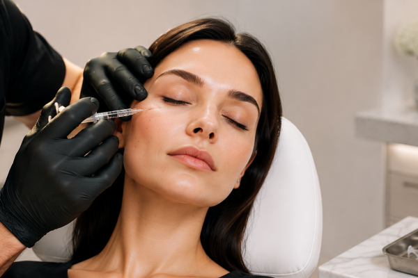 Aesthetician in black gloves injects filler into a woman's cheek/under-eye area as she rests with eyes closed in a clinic.