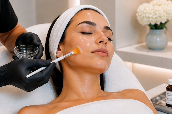 Woman reclining with eyes closed as a practitioner in black gloves applies a facial mask with a brush.