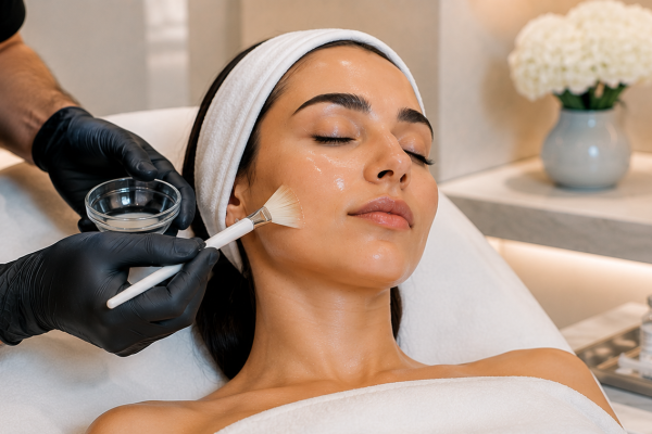 Woman receiving a facial treatment with a brush applying product to her face in a spa setting