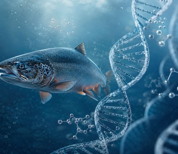 Trout swimming underwater beside a DNA double helix, symbolizing genetics.